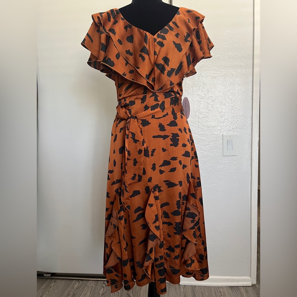 Bishop + Young Leopard Print Ana Belted Ruffle Dress Size Small NWT A-line